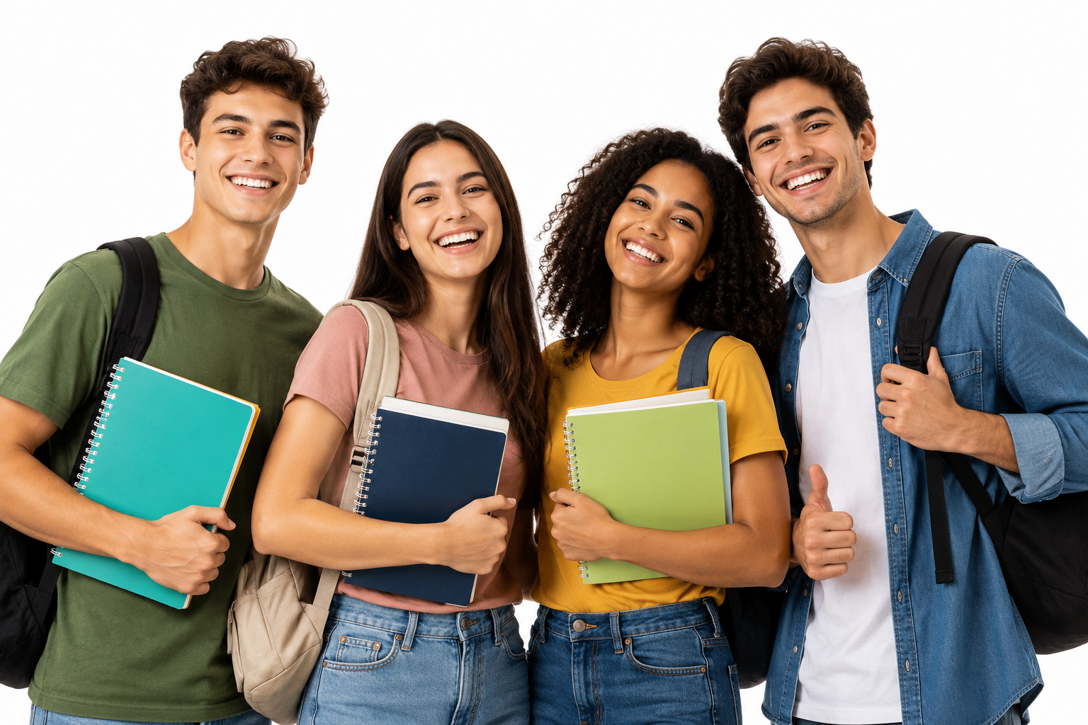 Grupo de estudantes sorrindo, segurando cadernos